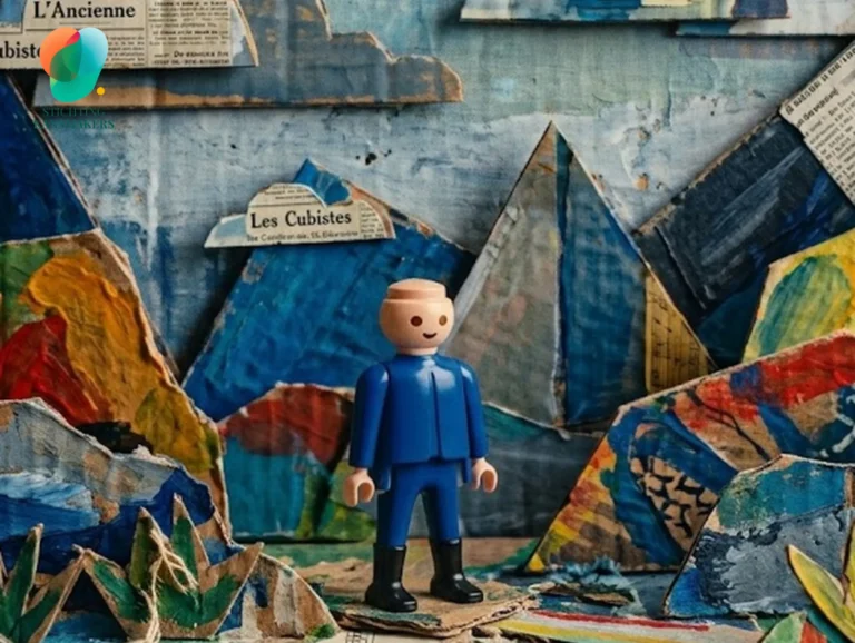 Flyerfoto voor kinderworkshop van Stichting Kansmakers met een Playmobil-figuurtje in een kunstzinnig landschap van karton en kranten.