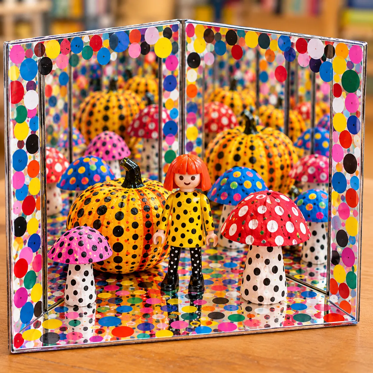 Kind bouwt een mini Infinity Room geïnspireerd op Yayoi Kusama met gestipte pompoenen en paddenstoelen